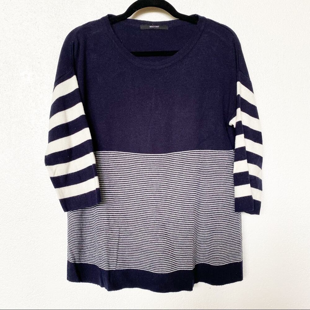 Miss Kant Navy White Cropped Sleeve Striped Sweater